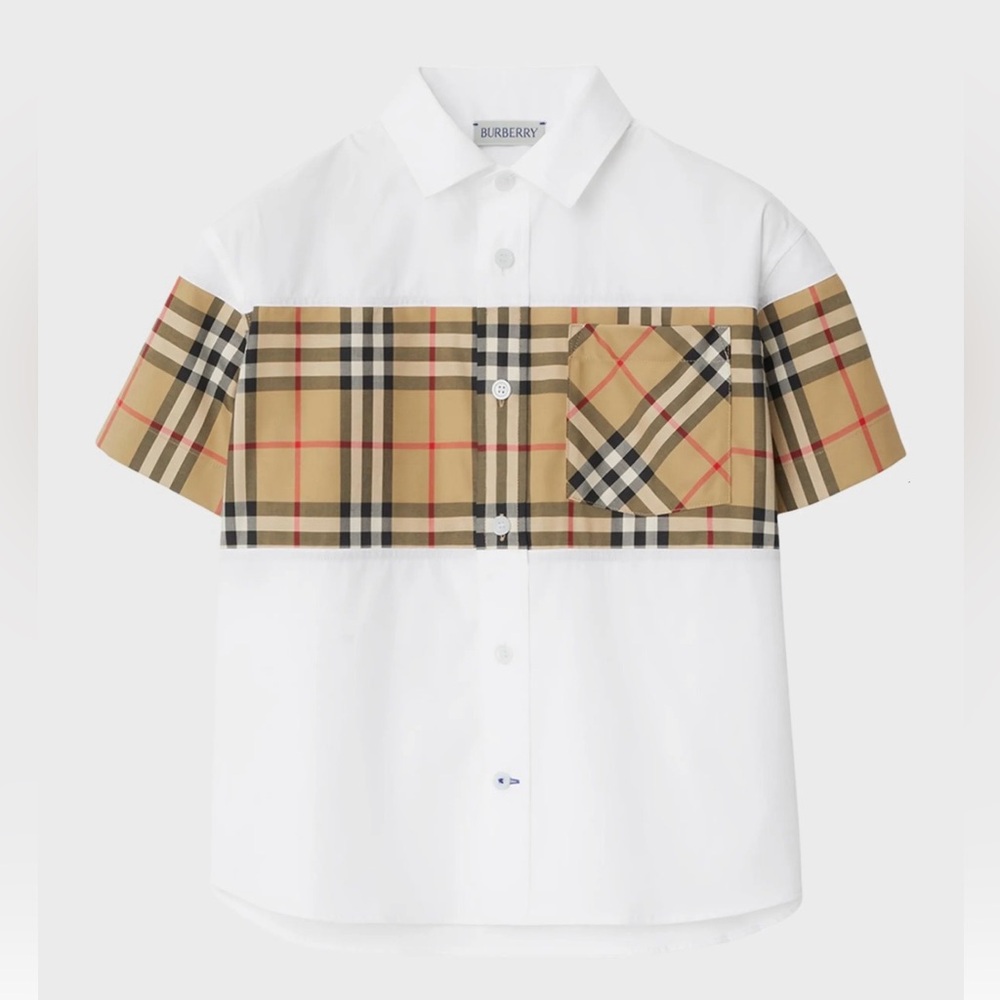 Burberry White and Beige Check Short Sleeve Button-Down Shirt
